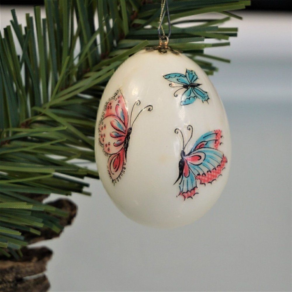 Christmas Egg Holiday Ornament Hanging Egg Decoupage Butterflies